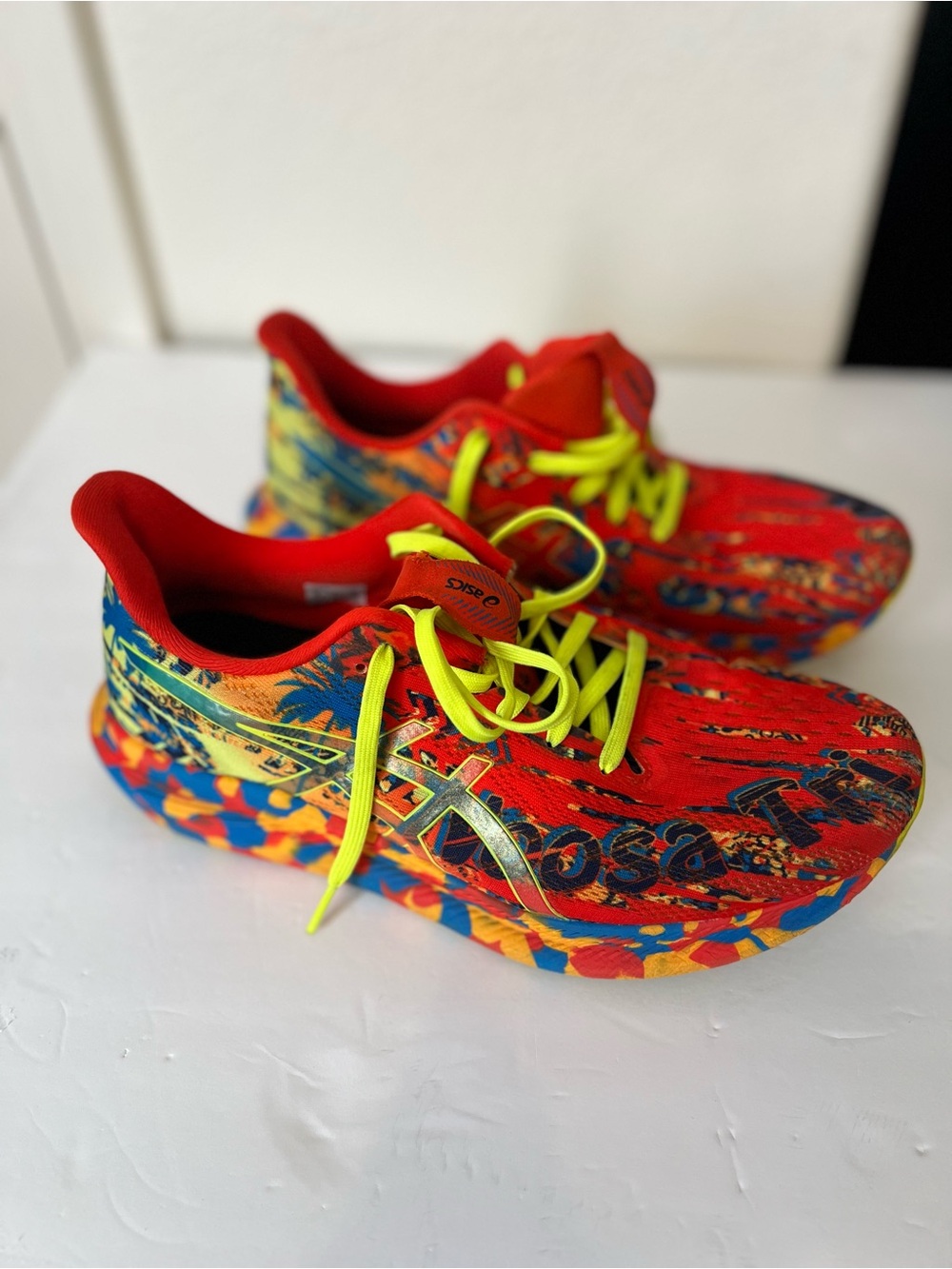 Asics Noosa TRI 14 Red Multicolor Running Sneakers with Neon Yellow Laces